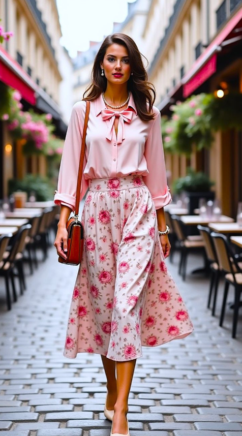 Saia midi floral com blusa de laço